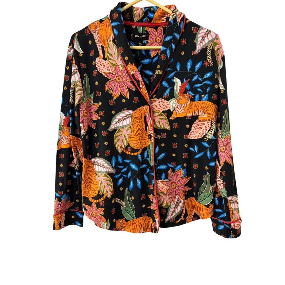 Room Service Tiger Jungle Print Pajama Set Size Medium Black Tropical 2pc PJ